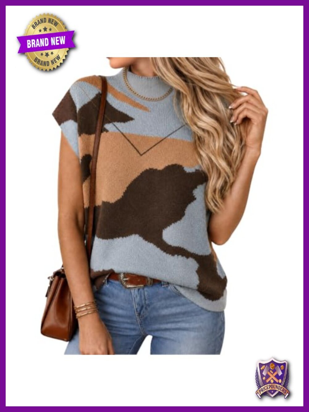 Women's Camo Sweater Vest Sleeveless Mock Neck Knit Pullover